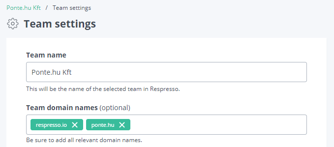 Showing 2 added team domains in Respresso. (respresso.io and ponte.hu)