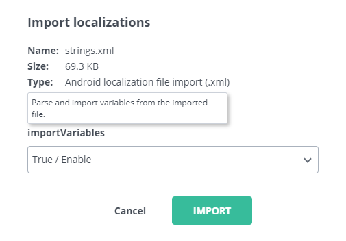 Showing skip variable import option when importing android localization strings.xml file.